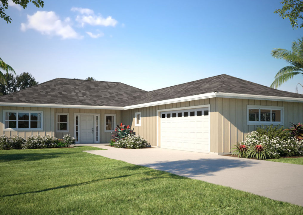Model A exterior illustration showing a single-story home with an attached garage