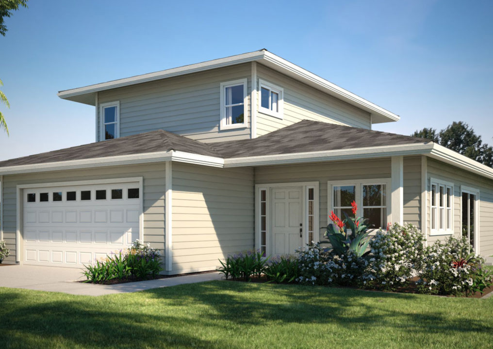 Model C exterior illustration showing a home with an upper story and an attached garage