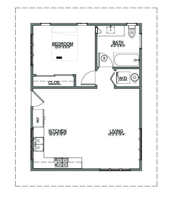 ʻOhana floor plan. A kitchen and living area open to a separate bedroom, bathroom, closet, and labeled washer/dryer space.