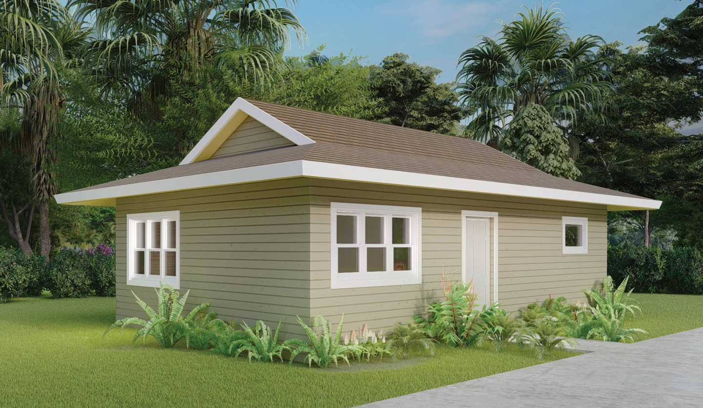Architectural rendering of a one-bedroom ʻohana cottage surrounded by tropical landscaping